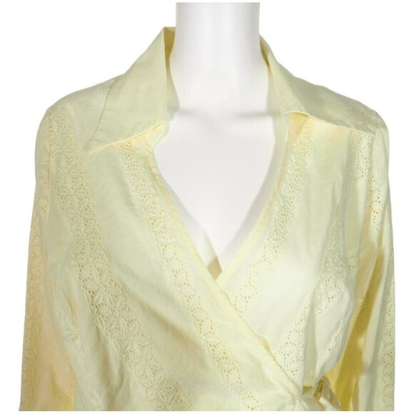 Swarri Wrap Top Womens Large Yellow Eyelet V Neck French Cuffed Cotton - Picture 7 of 9